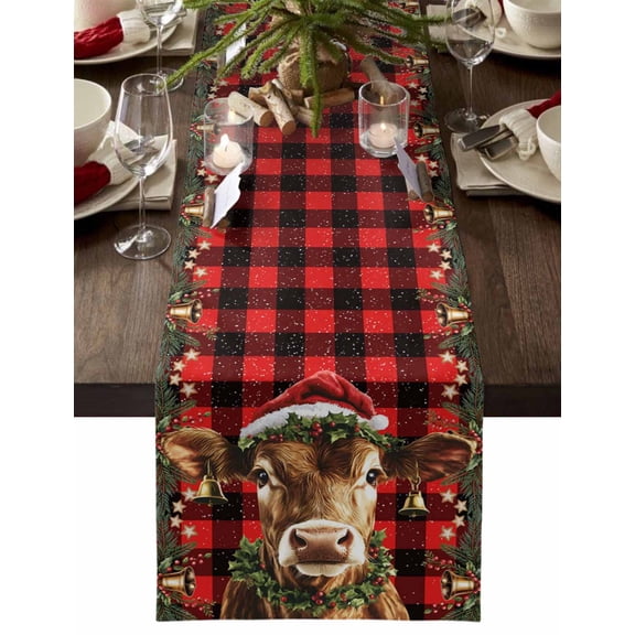 Christmas Cotton Linen Table Runner for Dining Kitchen, Winter Cow Pine Branches Red Black Buffalo Plaid Wedding Outdoor Party Tablerunners Decoration, Dresser Scarf Coffee Tablecloth Runners 13"x36"