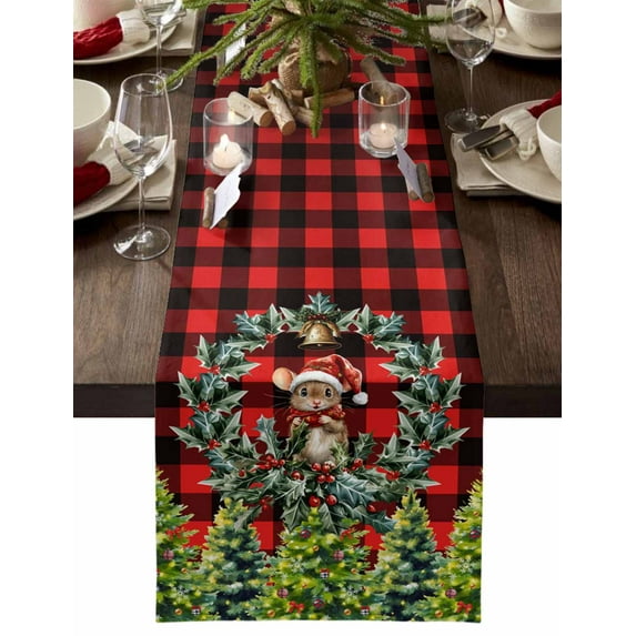 Christmas Cotton Linen Table Runner for Dining Kitchen, Xmas Tree Berries Red Black Buffalo Plaid Wedding Outdoor Party Tablerunners Decoration, Dresser Scarf Coffee Tablecloth Runners 13x48 Inches