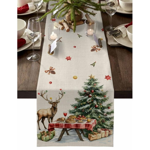 Christmas Cotton Linen Table Runner for Dining Kitchen, Xmas Tree Winter Deer Pine Fruits Beige Wedding Outdoor Party Tablerunners Decoration, Dresser Scarf Coffee Tablecloth Runners 13x72 Inches