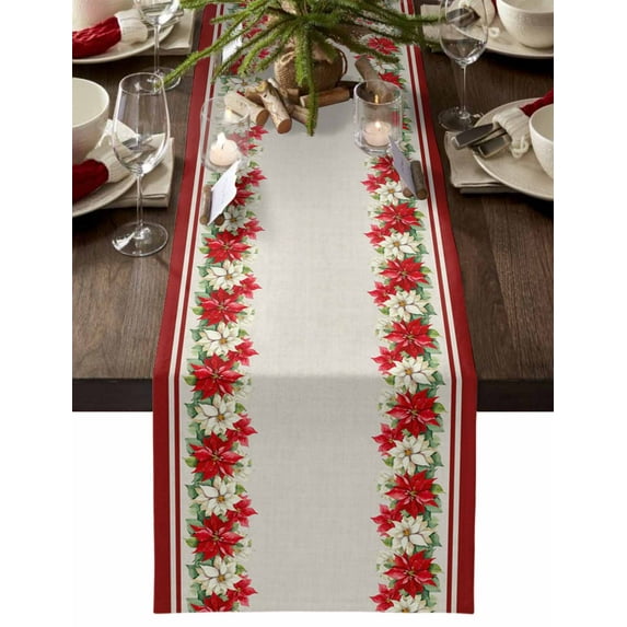 Christmas Cotton Linen Table Runner for Dining Kitchen, Xmas Winter Red White Poinsettia Striped Wedding Outdoor Party Tablerunners Decoration, Dresser Scarf Coffee Tablecloth Runners 13x70 Inches