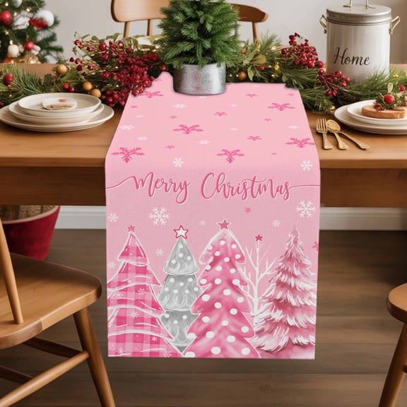 Christmas Cotton Linen Table Runner Pink Christmas Tree Dining Table Runners for Home Decor Party Dining Room Restaurant Kitchen Party 13" x 48"
