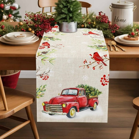 Christmas Cotton Linen Table Runner Red Truck Winter Snowflakes Cardinal Bird Dining Table Runners for Home Decor Party Dining Room Restaurant Kitchen Party 13" x 108"