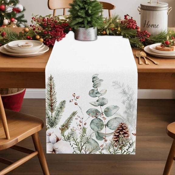 Christmas Cotton Linen Table Runner Winter Eucalyptus Leaf Snow Pine Cone Dining Table Runners for Home Decor Party Dining Room Restaurant Kitchen Party 13" x 120"