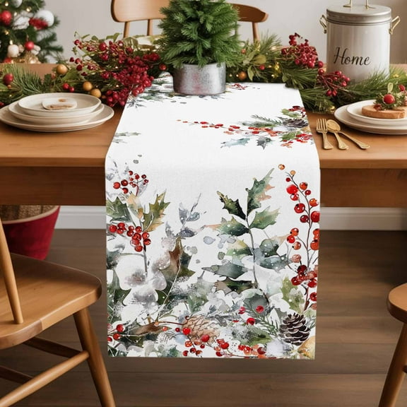 Christmas Cotton Linen Table Runner Winter Pine Leaves Pine Cones Red Berries Dining Table Runners for Home Decor Party Dining Room Restaurant Kitchen Party 13" x 36"