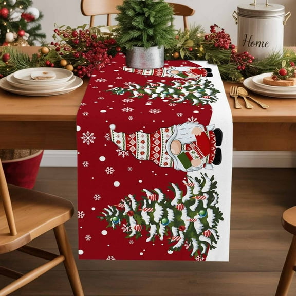 Christmas Cotton Linen Table Runner Xmas Gnome Christmas Tree Winter Snowflakes Red Dining Table Runners for Home Decor Party Dining Room Restaurant Kitchen Party 13" x 36"