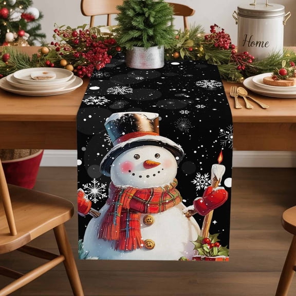 Christmas Cotton Linen Table Runner Xmas Snowman Lights Snowflakes Red Black Dining Table Runners for Home Decor Party Dining Room Restaurant Kitchen Party 13" x 48"