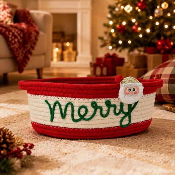 Christmas Cotton Rope Storage Basket Decorative Woven Basket with Embroidered Holiday Xmas Gift Basket for Gifts Candy Toy Home Table Decor, for Shelf, Desk and Bathroom Storage, Style D