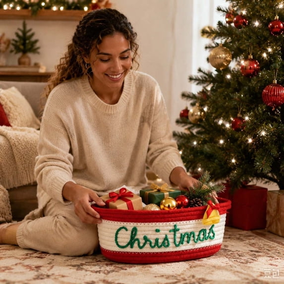 Christmas Cotton Rope Storage Basket Decorative Woven Basket with Embroidered Holiday Xmas Gift Basket for Gifts Candy Toy Home Table Decor, for Shelf, Desk and Bathroom Storage, Style B