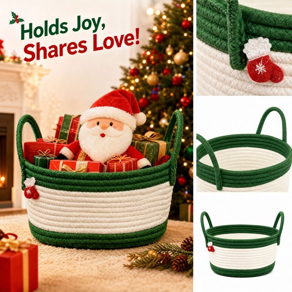 Christmas Decorative Storage Basket, Woven Cotton Rope Bin with Handles for Holiday Home Countertop Mantel Gift Decor