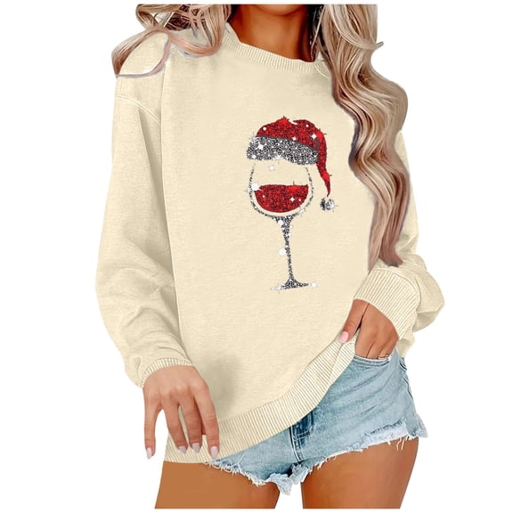 Christmas Cotton Women Plus Size Sparkly Red Wine Glass Printed Pullover Sweater Tops Autumn Winter Long Sleeve Sweatshirt for Women Loose Casual Stylish Clothes 01-Beige S