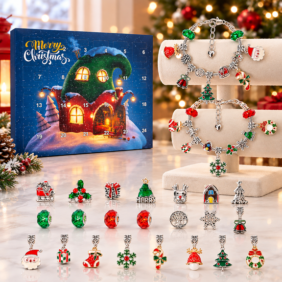 Christmas Countdown Advent Calendar Bracelets 2026, 24-Day DIY Jewelry Making Kit with 2 Bracelets & 22 Charm Beads, Christmas Gift for Girls