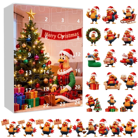 Christmas Countdown Calendar Ornament with Merry Christmas Chicken Design – Acrylic Tree Pendant for Daily December Countdown Festive Holiday Decoration Whimsical Gift Idea Home Accent Clearance