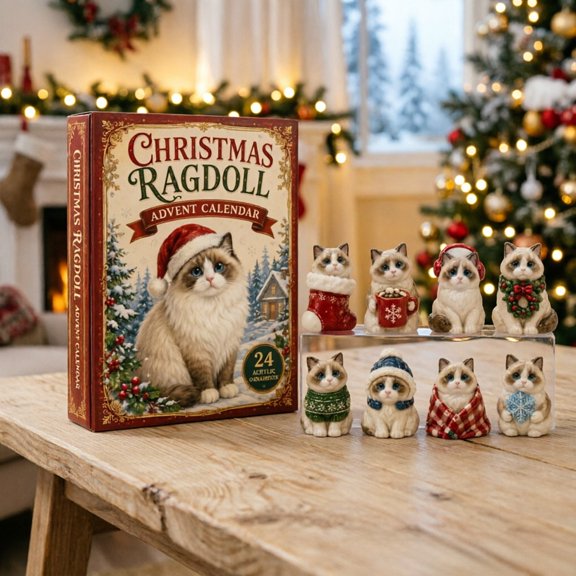 Christmas Countdown Calendar, Ragdoll Animal Figure Box, Flat Layered Holiday Display, Surprise Decor for Shelf Desk, 24 Pcs