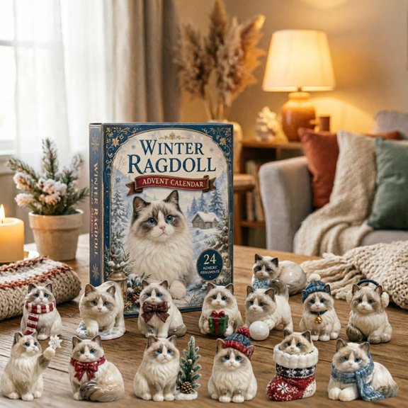 Christmas Countdown Calendar, Ragdoll Animal Figure Box, Flat Layered Holiday Display, Surprise Decor for Shelf Desk, 24 Pcs
