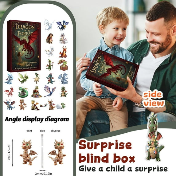 Christmas Countdown For Kids, Dragon In The Forest 24-Day Countdown Calendar Blind Box - 24 Surprise Gifts, 2D Flat Designs, Airplane Box Included - For Kids & S, Christmas