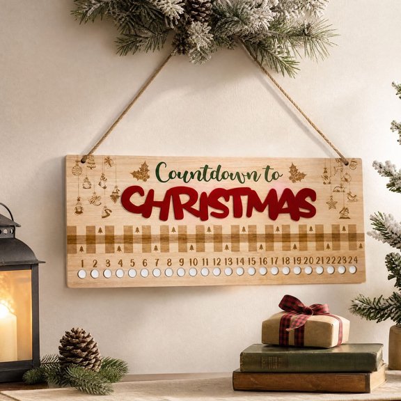 Christmas Countdown Wall Sign, Advent-Style Date Tracking, Wood, for Walls and Doors, Wooden Hanging Design with Festive Accents, Countdown Decor