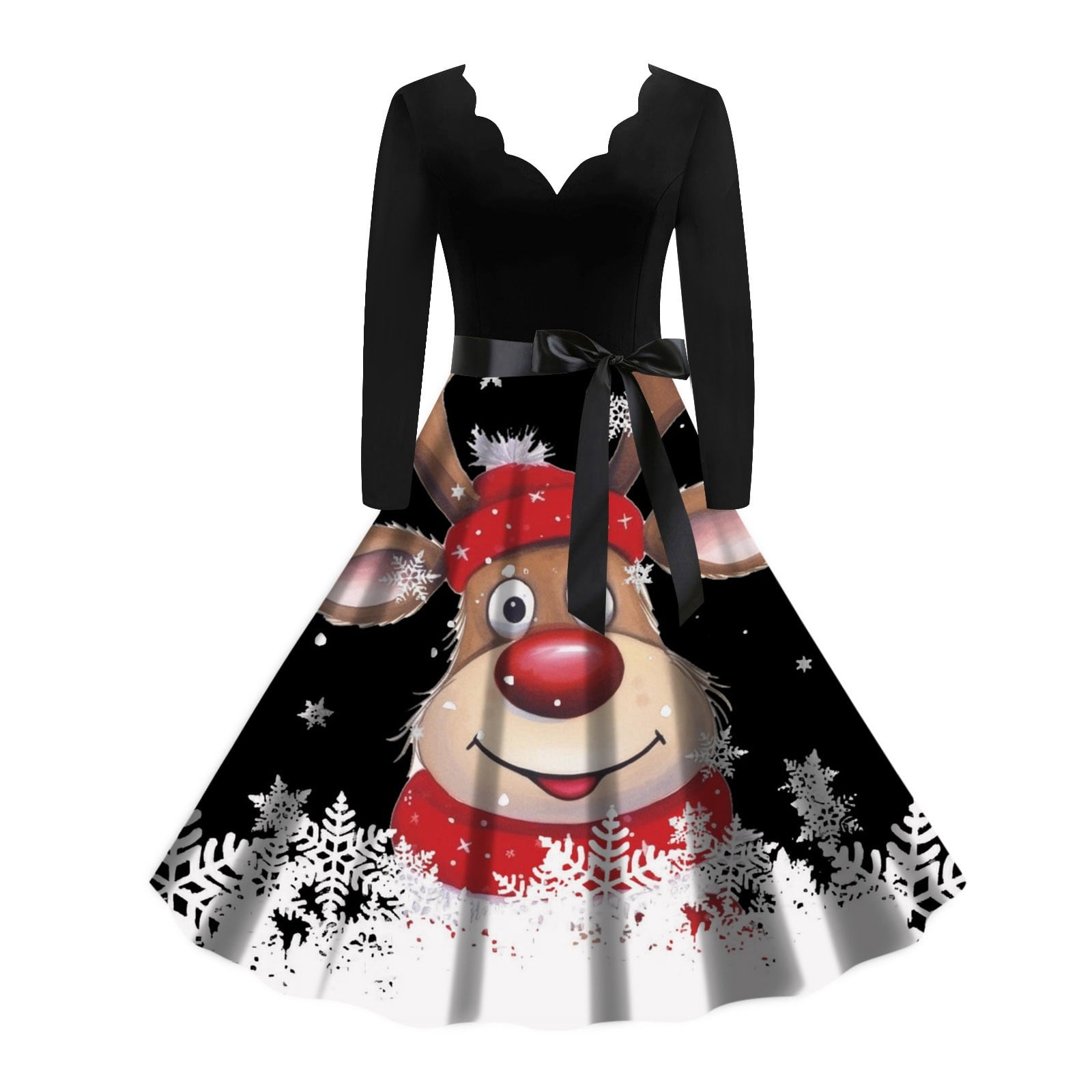 Christmas Court Dress Regular Regular Sleeve V Neck Belt Dress Cartoon Print V Neck Long Sleeve ...
