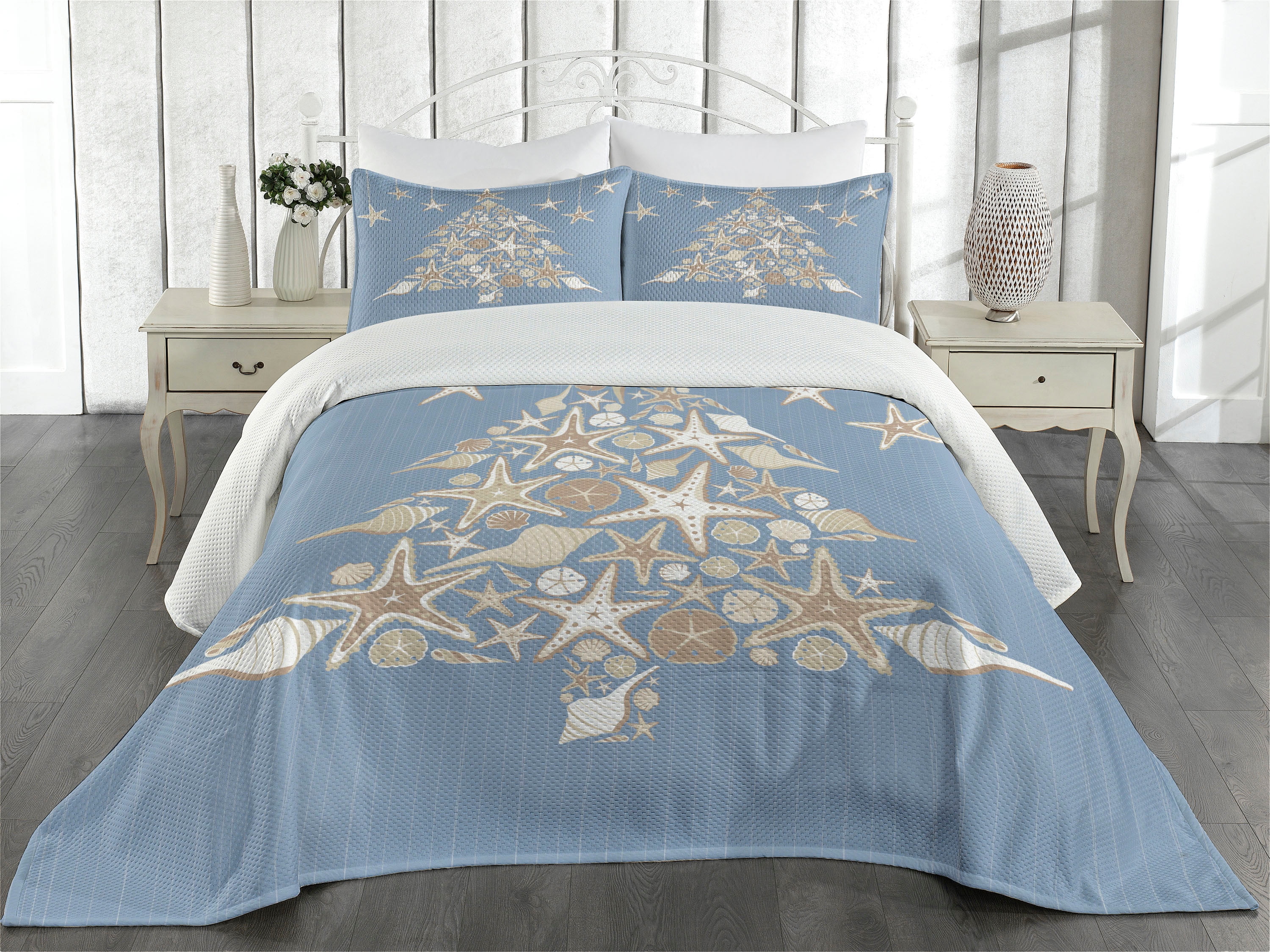 Christmas Coverlet Set King Size, Nautical Elements Sea Life Theme with