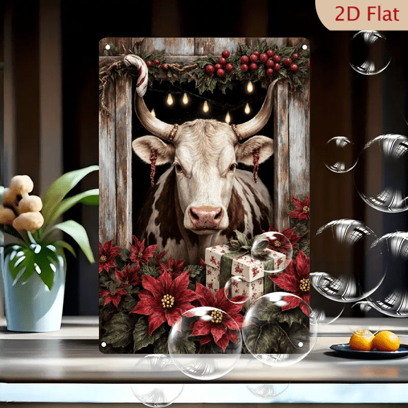 Christmas Cow Art Print, 8x12 Inches Metal Wall Decor, Rustic Barn Farmhouse Holiday Portrait with Pine Garland Candy Cane Poinsettia Gifts for Home Office