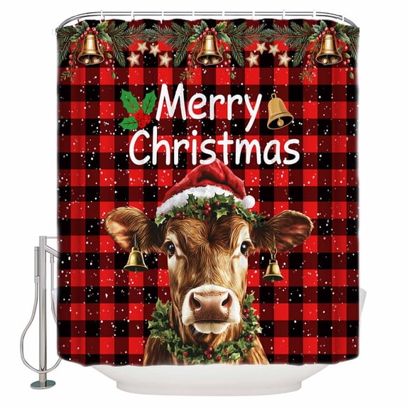 Christmas Cow Bathroom Shower Curtains with Hooks, Xmas Bell Star Black and Red Buffalo Plaid Waterproof Fabric Washable Shower Curtain for Home Hotel Bathtub Decor 60x72 Inch