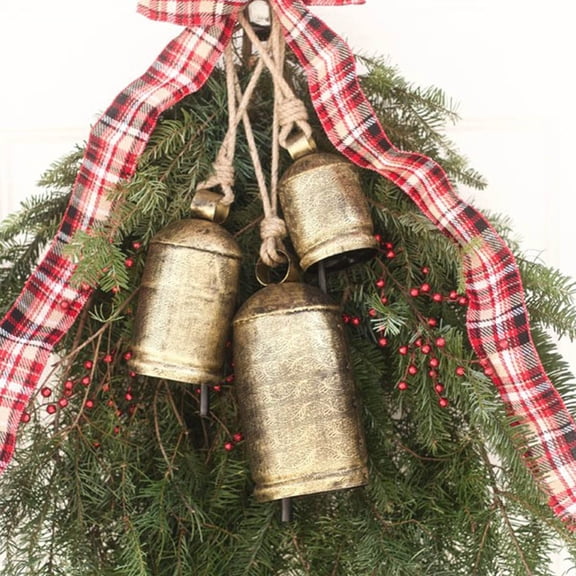 Christmas Cow Bells for Decoration, Vintage Handmade Gold Cowbell Christmas Decor, Lucky Rustic Christmas Hanging Ornaments Bells Set for Xmas Tree Home Decor (2.2in)