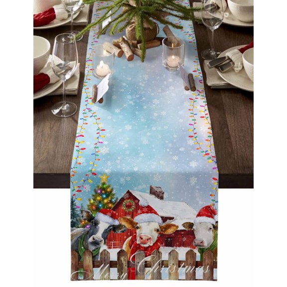 Christmas Cow Cotton Linen Table Runner for Dining Kitchen, Farm Xmas Tree Light Balls Snowflake Winter Wedding Outdoor Party Tablerunners Decoration, Dresser Scarf Coffee Tablecloth Runners 16"x72"