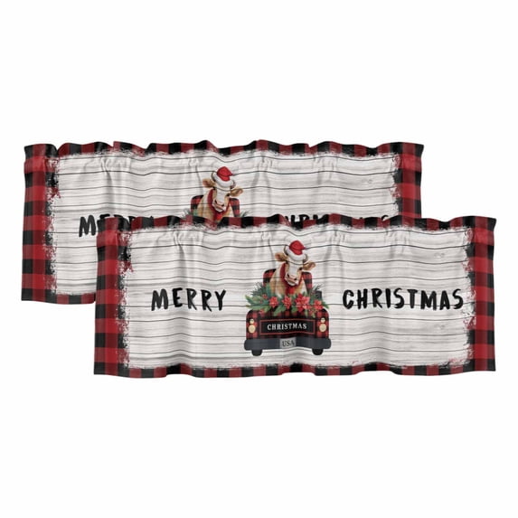 Christmas Cow Curtain Valances for Windows, Kitchen Valance Window Treatments Panel 2 Pack, Xmas Truck Vintage Black Red Checkered Rod Pocket Short Curtains for Bathroom Bedroom 42 x 18 Inch