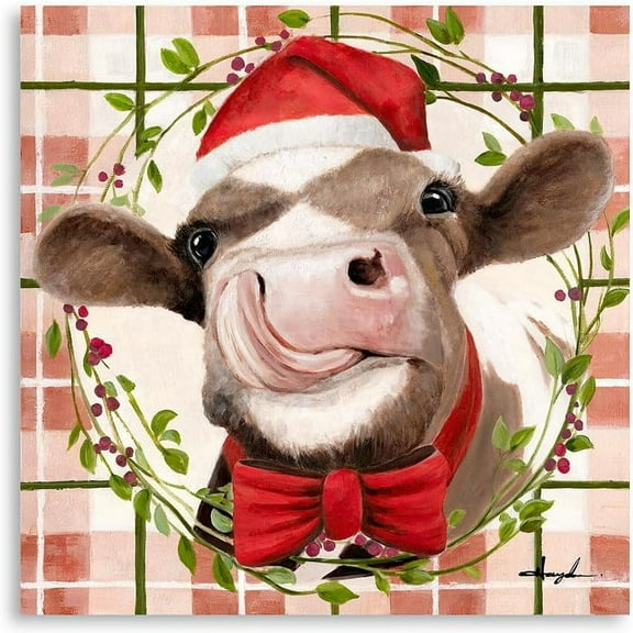 Christmas Cow Pictures Wall Decor: Country Farmhouse Christmas Picture of a Cow in Red Xmas Hat and Bow Cow Canvas Wall Art Prints Buffalo Check Christmas Decor Unframed for Bathroom Kitchen