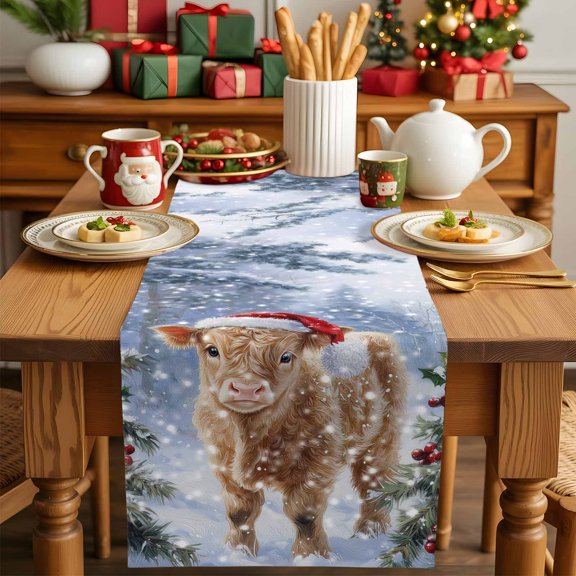 Christmas Cow Pine Tree Forset Table Runner 13x90in Non-Slip Cotton Linen Table Runners, Winter Snow Scene Dresser Scarves TableRunner for Dinner Kitchen Dining Wedding Party