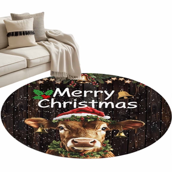 Christmas Cow Round Area&nbsp;Rug 4ft Xmas Animal Bell Star Retro Brown Wood Grain Non-Slip&nbsp;Washable Circle Rugs Soft Felt Indoor Floor Mat for Bedroom Kitchen Living Room Bathroom