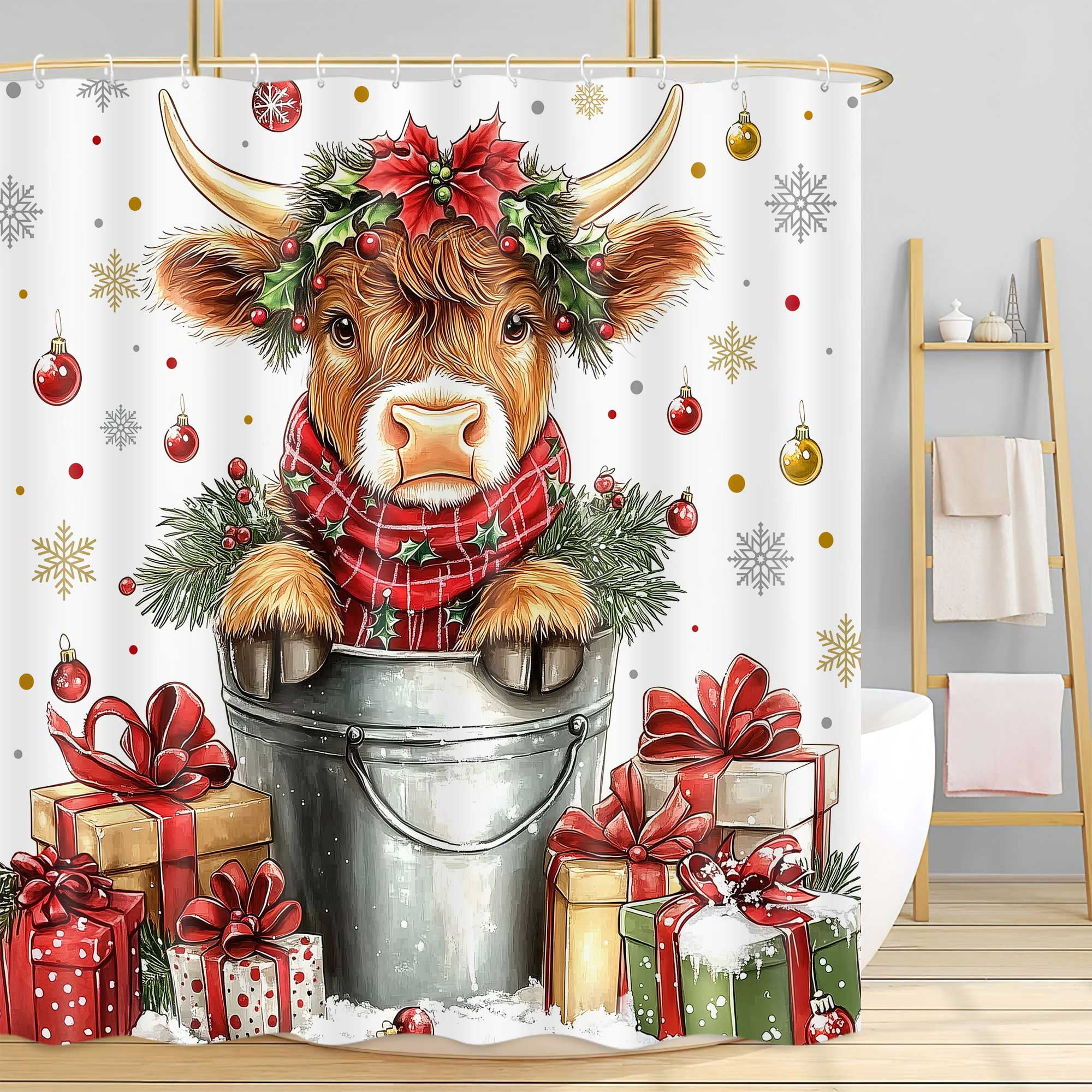 Christmas Cow Shower Curtain, Cute Highland Cow Fabric Snowflake Shower Curtains for Bathroom Decor, farmhouse Winter Holiday Kids Bathroom Accessories, 72 x 72 Inch