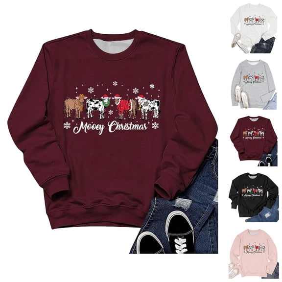 Christmas Cow Sweatshirt for Women 2025 Long Sleeve Crewneck Merry Christmas Pullover Top