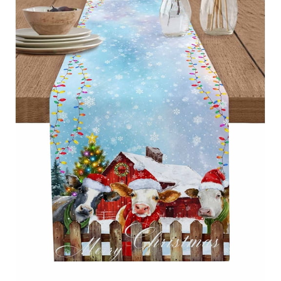 Christmas Cow Table Runner 36 Inches, Farm Xmas Tree Light Balls Snowflake Winter Bed Runner Dresser Scarves Tabletop for Indoor Outdoor Parties/Ceremony/Banquet, 13"x 36"