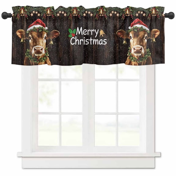 Christmas Cow Valances for Windows, Xmas Animal Bell Star Retro Brown Wood Grain Light Filtering Window Treatment Valances, Rod Pocket Small Curtains for Kitchen/Bathroom, 60"x14"