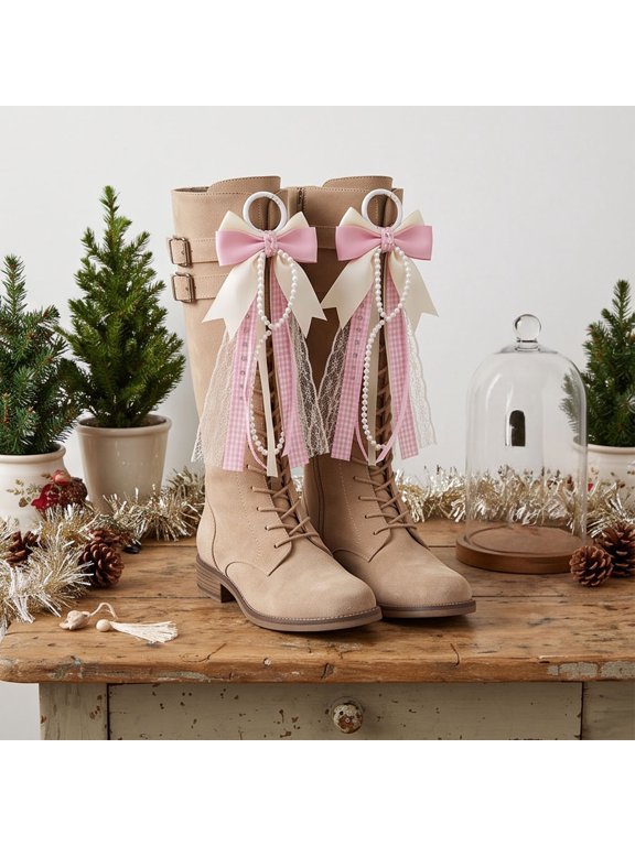 Christmas Cowboy Boot Bow, Western Plaid Ribbon Accessory with Lace Pearl Tassel Details and Secure Leather Cord, for Cowboy Boots Purses Keychains Western Events and Holiday Parties