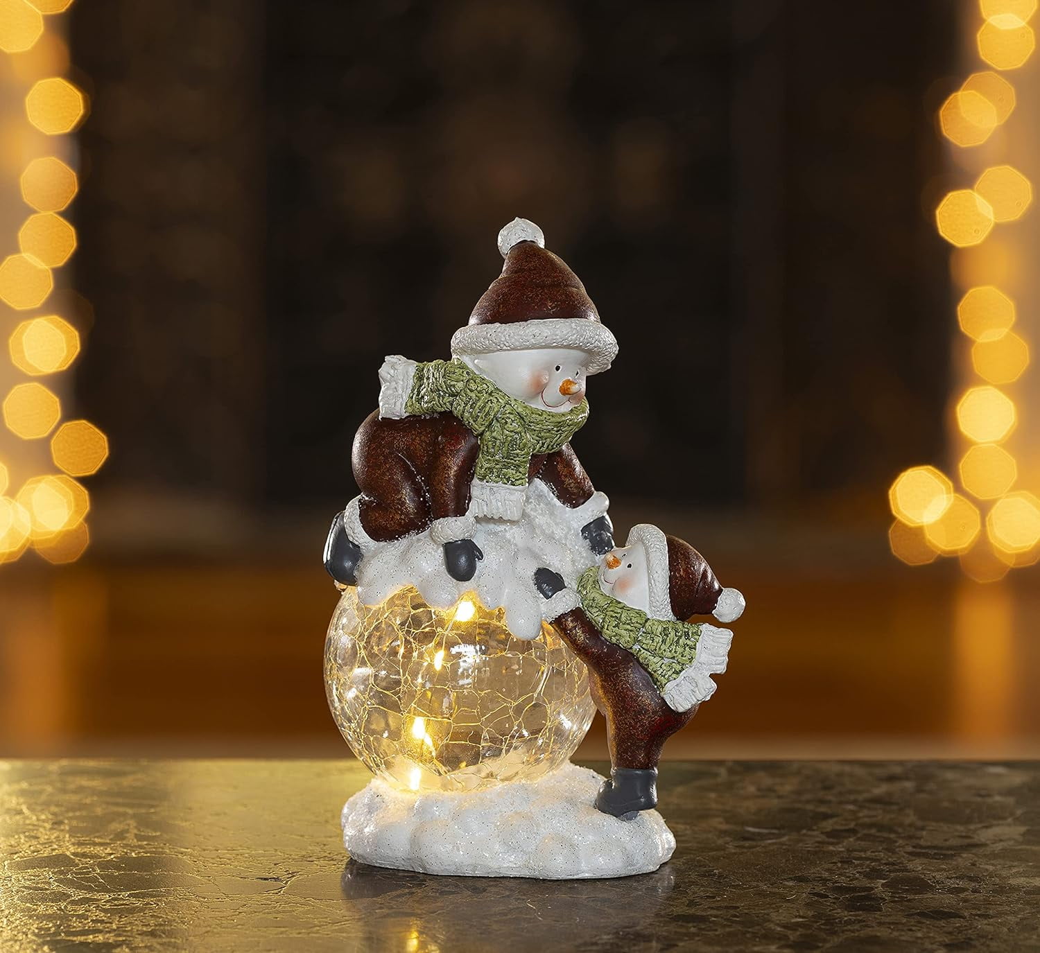 Christmas Crackled Glass Snowman Decor, Figurines Resin Snowman Lighted