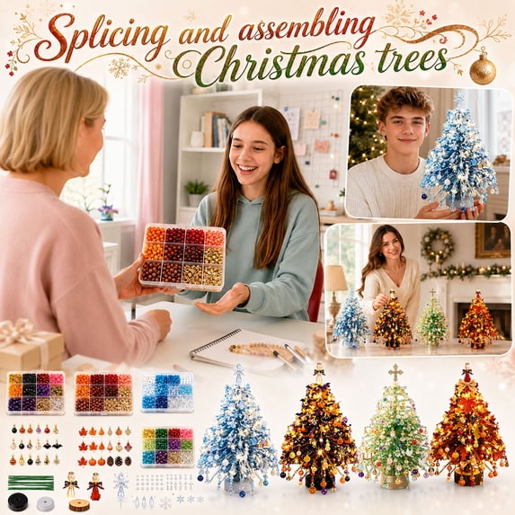 Christmas Craft Kit, Tabletop Christmas Tree with Warm Led Lights, Blue Christmas Ornaments Snowflake Set, Beading Supplies for Adults, Christmas Home Decor for Winter Holiday,