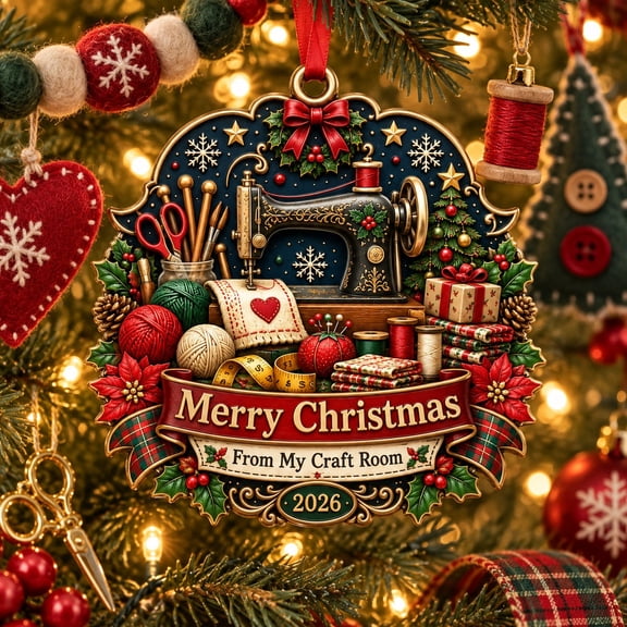 Christmas Craft Room Ornament, Sewing Machine and Yarn Tree Hanging Gift for Crafters