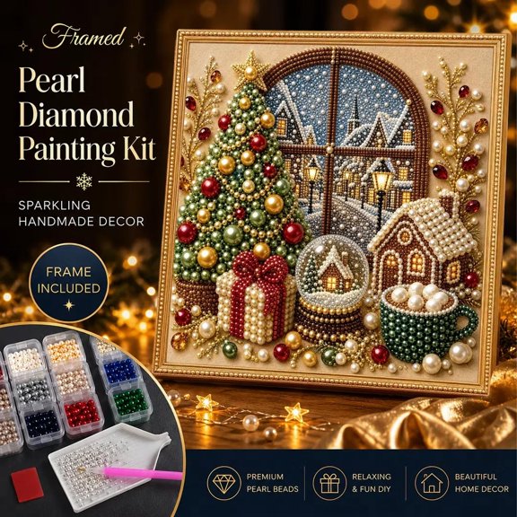 Christmas Crafts,DIY Christmas Pearl Bead Painting Kit, Framed Canvas Rhinestone Art Set with Instruction Manual, 20x20cm Adult Holiday Craft, Sparkling Lustrous Wall Art(D)
