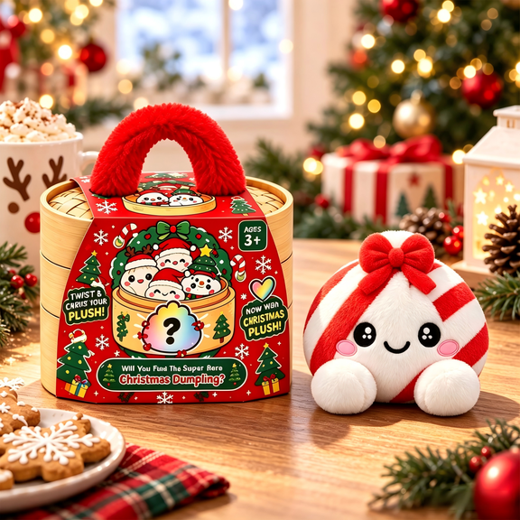 Christmas Crazy Dumpling Plush Squishy,Red White Candy Stripe Stuffed Fidget Toy with Simulated Bamboo Steamer Box&Red Fuzzy Handle,Big Bow Cute Smiling Face Collectible Stress Relief Holiday Present