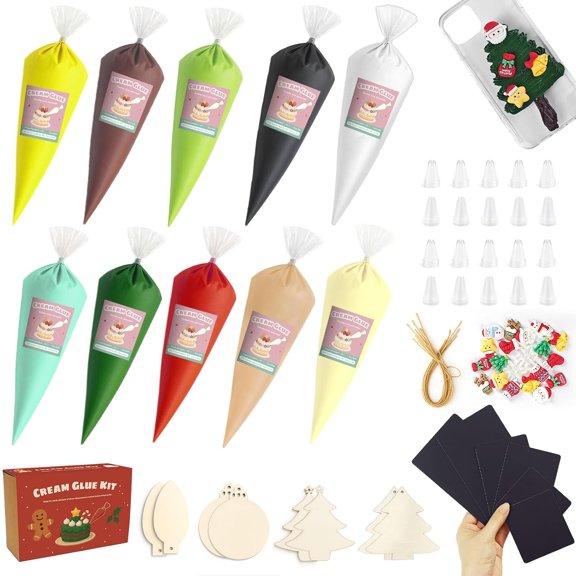 Christmas Cream Glue for Crafts Kit, Suitable for Phone Case Decorating Kit, DIY Crafts, Including10pcs Whipped Cream Glue, 24 Christmas Decorations, 6 Refrigerator Magnets and Piping Nozzles