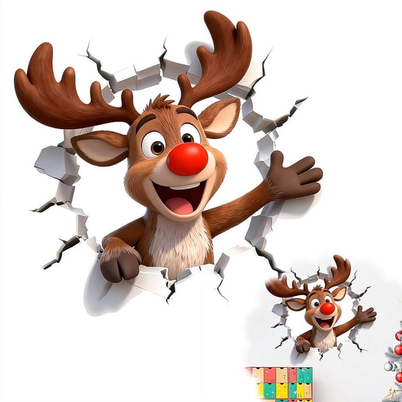 Christmas Creative Wall Sticker, 3D Santa Claus Broken Wall Cartoon Design Christmas Decals, Creating Door Stickers with Broken Walls, Cartoon Santa Reindeer Window Decal Decor