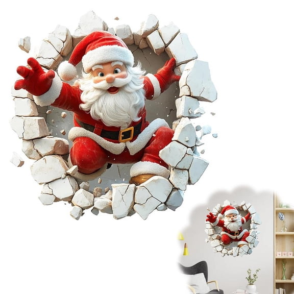 Christmas Creative Wall Sticker, Santa Claus Breaking Through Wall Design, Removable Large 3D Santa Claus Wall Decals, for Window Refrigerator Decorations