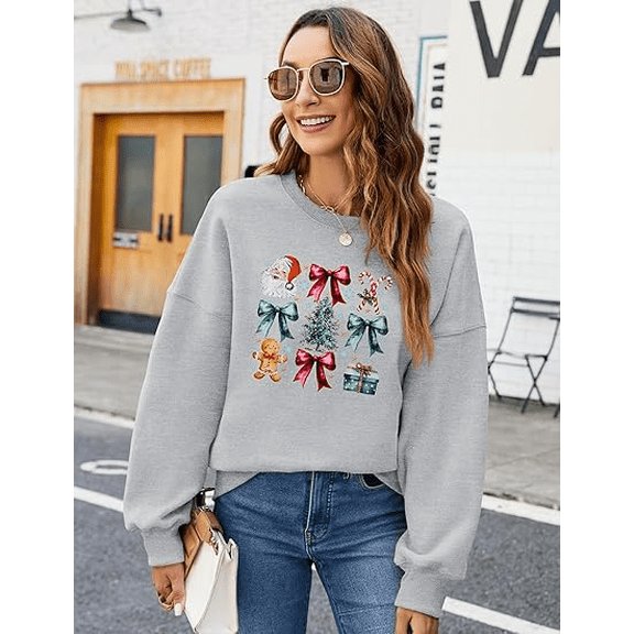 Christmas Crew Neck Sweatshirt for Women Bows and buttons Santa Claus pattern Pullover Long Sleeve Tops Sweatshirts