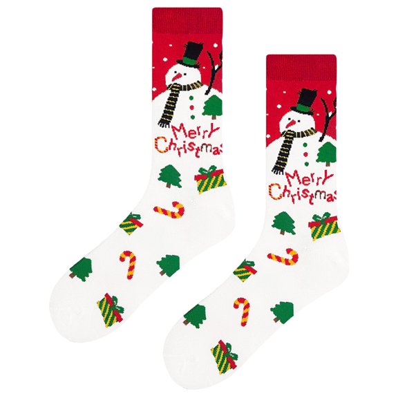 Christmas Crew Socks, Cotton Blend Jacquard Knit Long Socks, Snowman Tree Gift Candy Cane Pattern, Unisex Holiday Winter Socks, Festive Xmas Novelty Socks, White Red Seasonal Sock