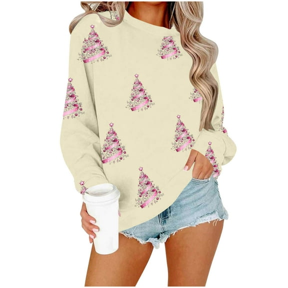 Christmas Crewneck Sweatshirts Womens Long Sleeve Xmas Pullover Shirts Loose Cute Holiday Tops, L Orange