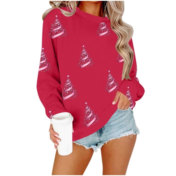 Christmas Crewneck Sweatshirts Womens Long Sleeve Xmas Pullover Shirts Loose Cute Holiday Tops, L Red