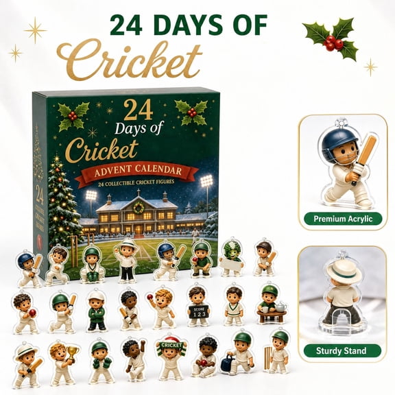 Christmas Cricket Advent Calendar 2026, 24 Pcs 2D Acrylic Cricket Player Ornaments, 10.2x7.1in, Gift for Cricket Fans and Sports Lovers