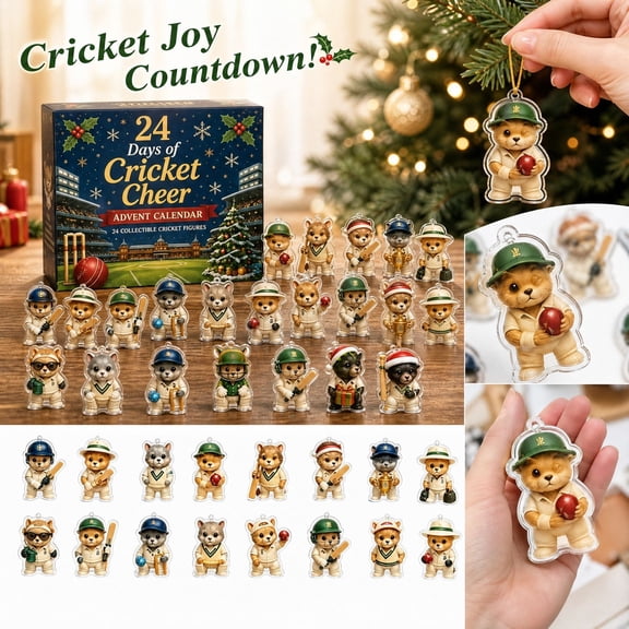 Christmas Cricket Bear Advent Calendar 2026, 24 Pcs 2D Acrylic Animal Ornaments, 10.2x7.1in, Holiday Gift for Cricket Fans and Sports Lovers