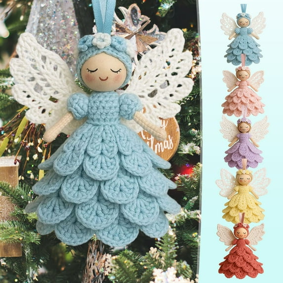 Christmas Crochet Angel Ornament Craft Kit - DIY Knitting Materials to Make Cute Little Girl Decorating Christmas Tree Pendants, Yarn Accessories for Holiday Craft Projects, 5.91in/15cm, Red